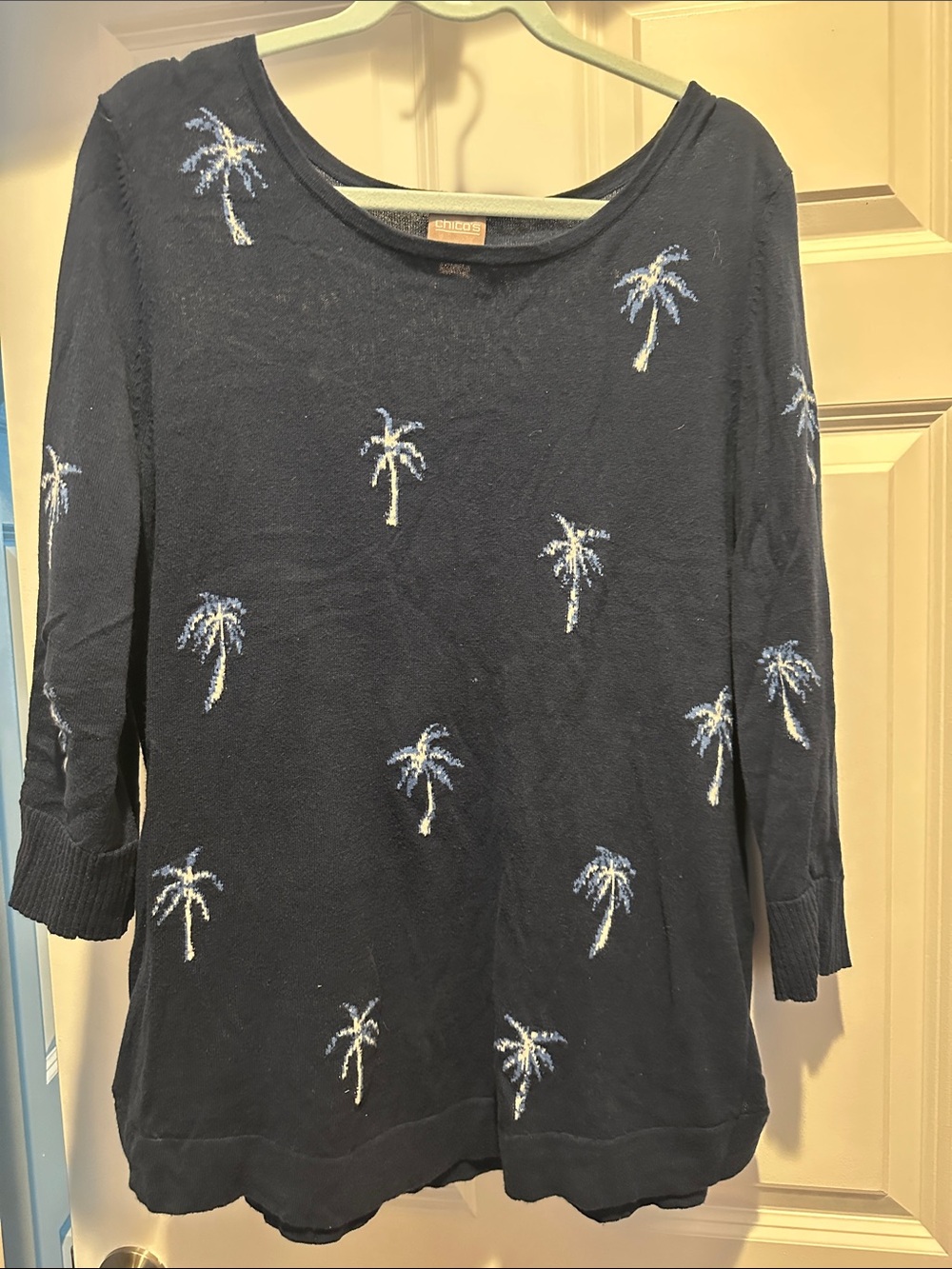 Chico's Navy Palm-Embroidered Scoop Neck Knit Top